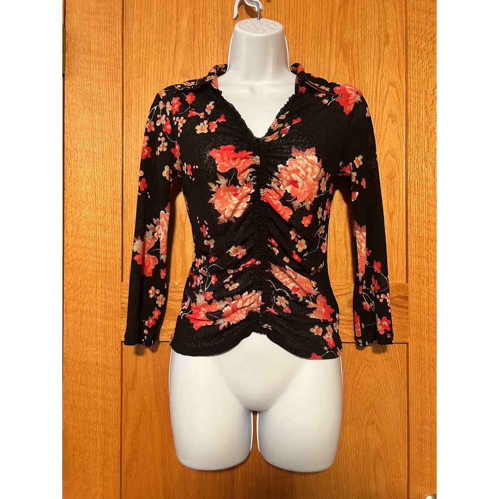 Vintage Nine West Floral Ruched Front Top Black Pink Long Sleeve V-Neck Blouse S